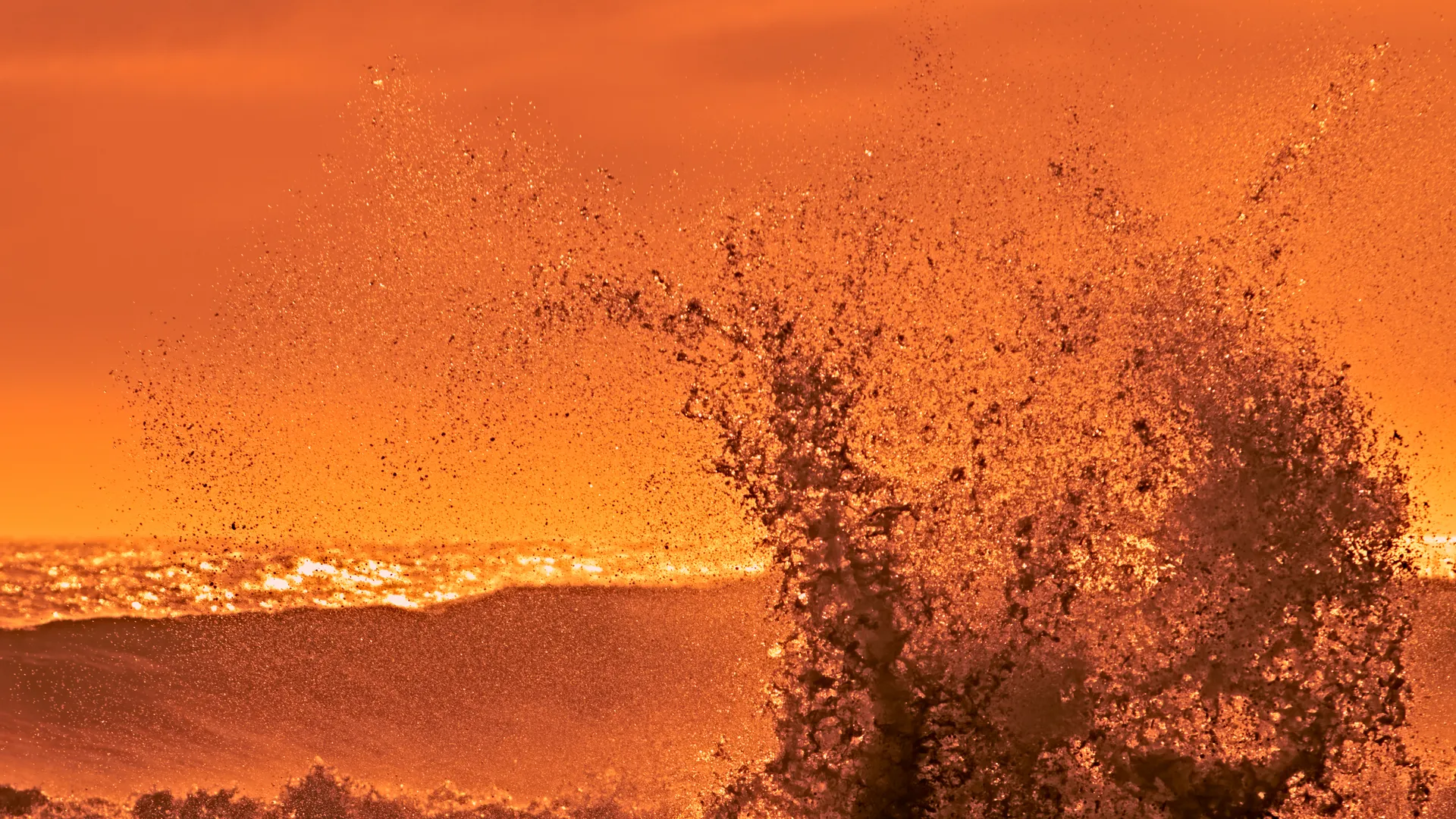 Waves washing over rocky coastline at golden hour sunset, Misty Cliff, Cape Region, South Africa